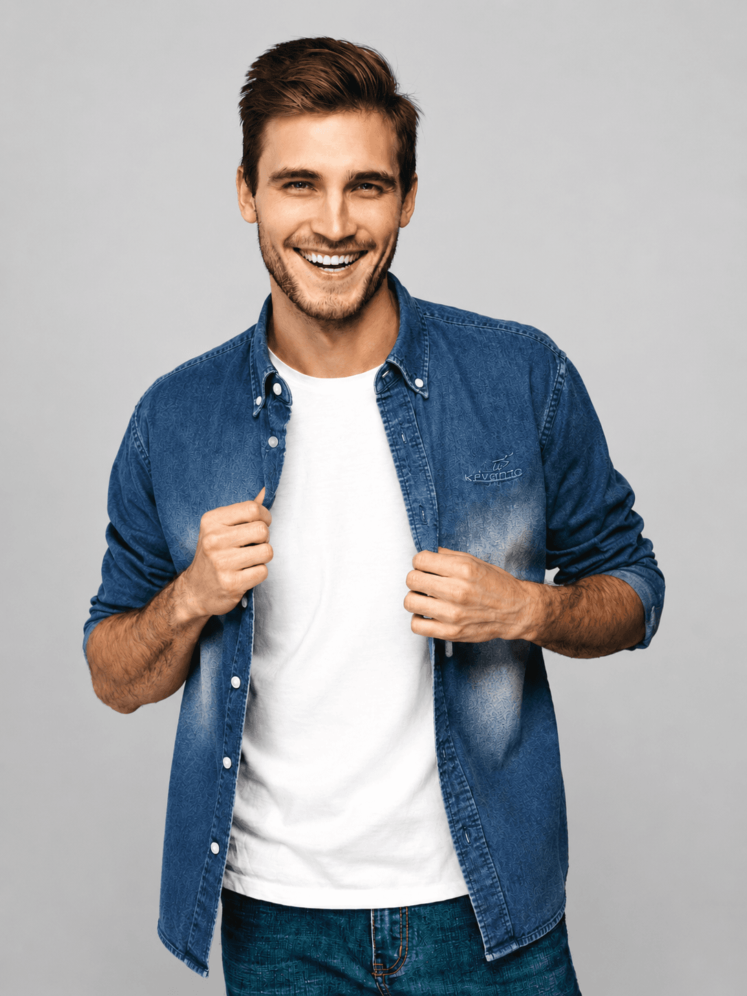 Model wearing a blue denim shirt over a white t-shirt