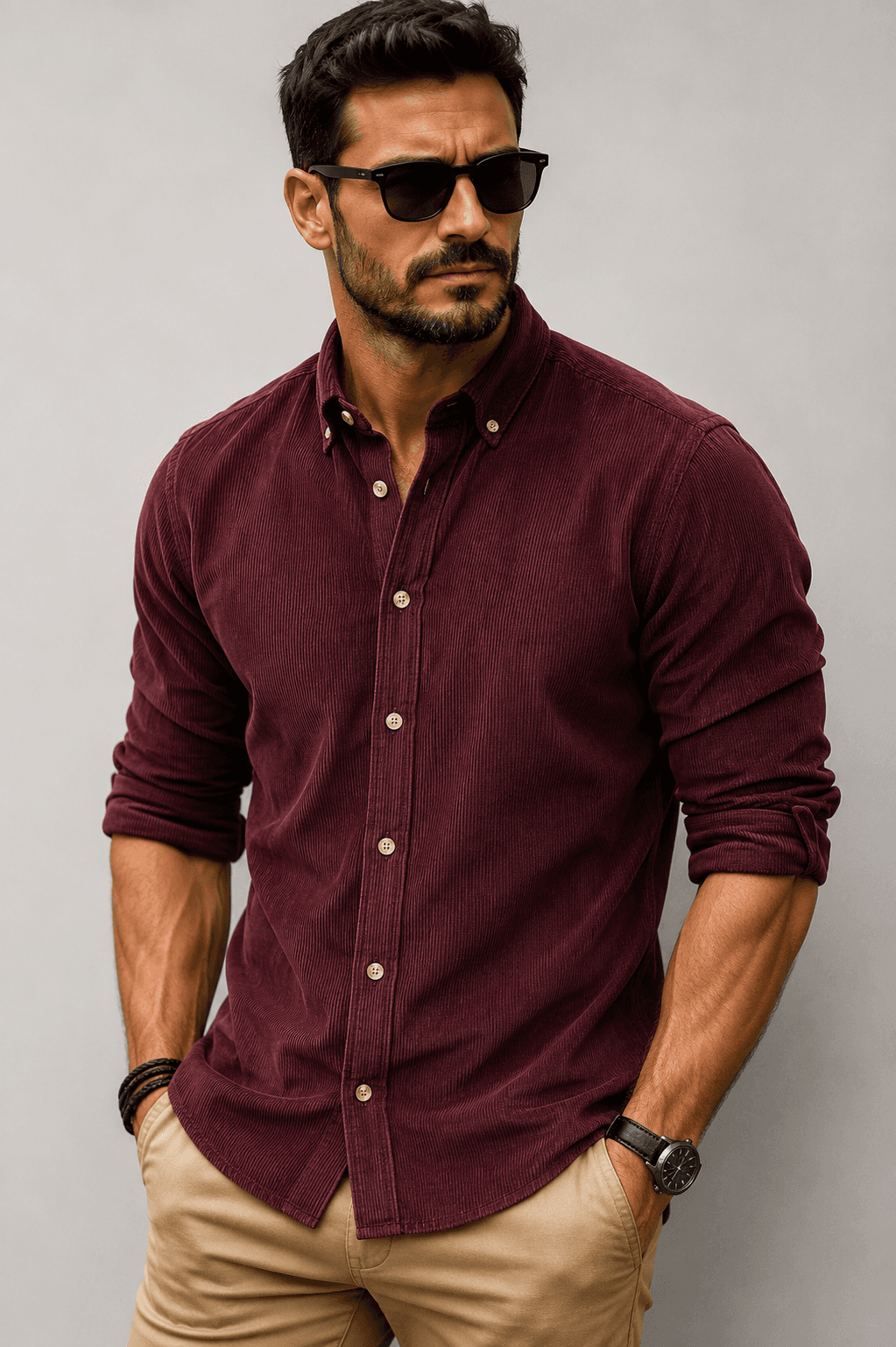 Model wearing a maroon corduroy button-down shirt with rolled sleeves