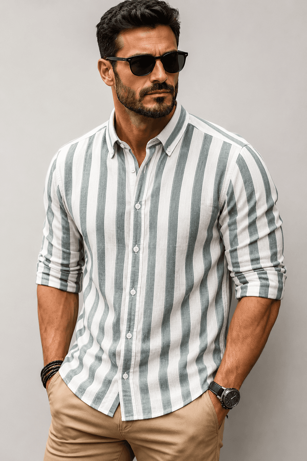 Model wearing a sage green and white vertical striped linen shirt with khaki chinos