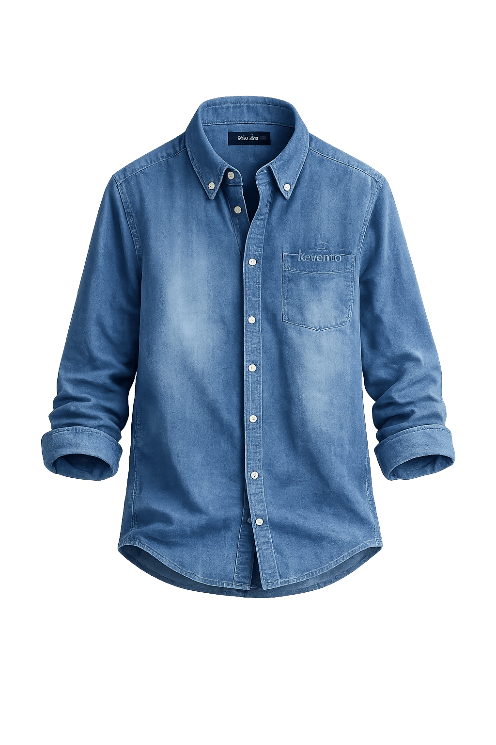 Blue denim button-down shirt with rolled sleeves